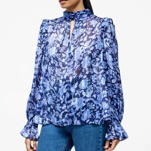 French Connection Women's Size 0 Cynthia High Neck Floral Ruffle Blue Blouse